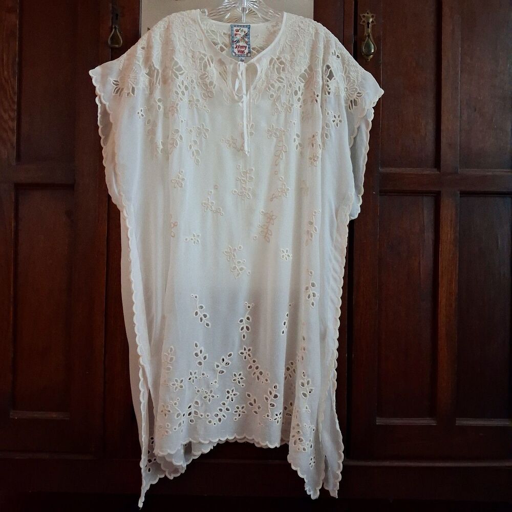 Johnny Was Eyelet Tunic Dress Beach Cover SZ L Cream Floral Pull On Loungewear